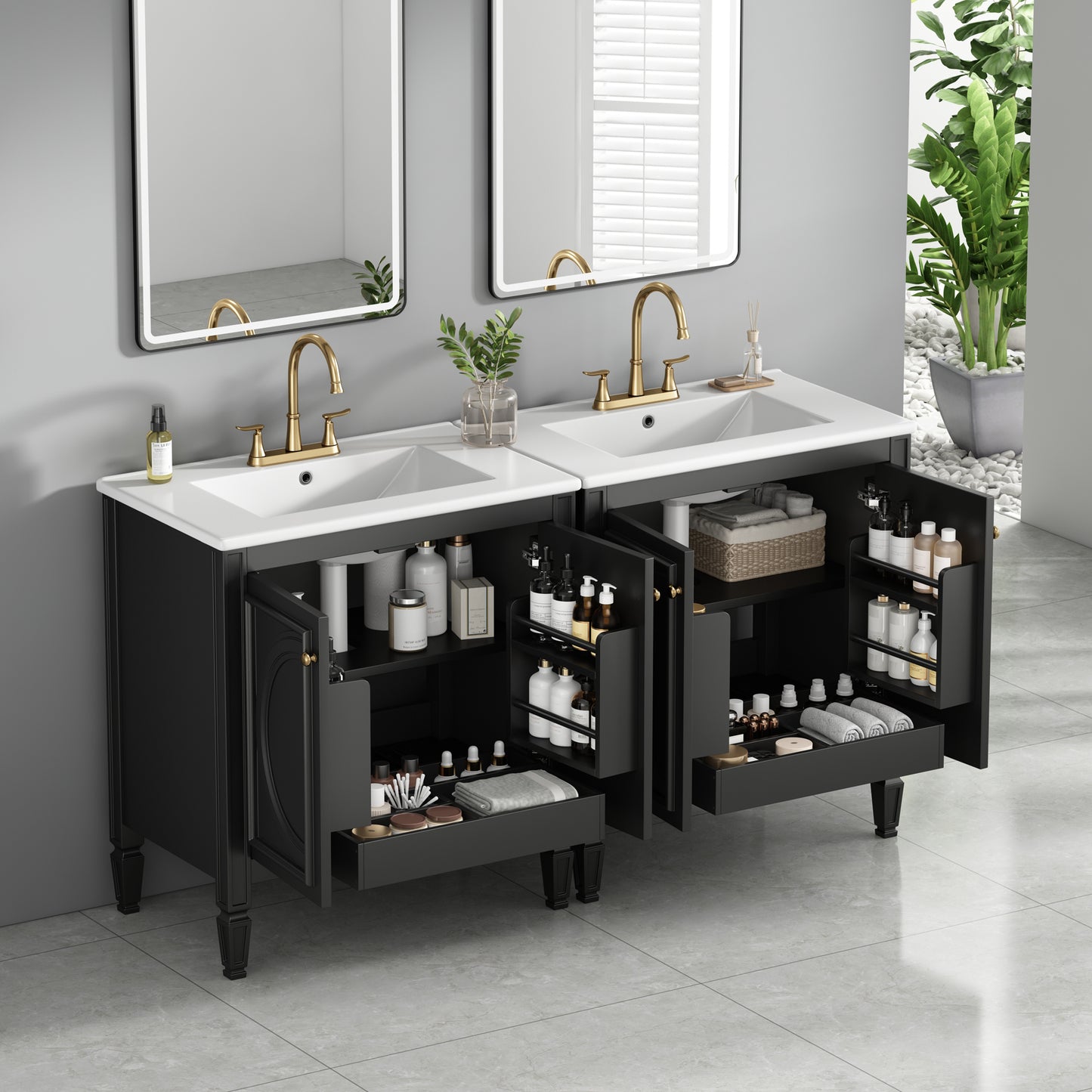 60 Bathroom Vanity With Double Sink Combo Set, Ceramic Sink, Soft Close Doors With Shelf, Storage Drawer, Black