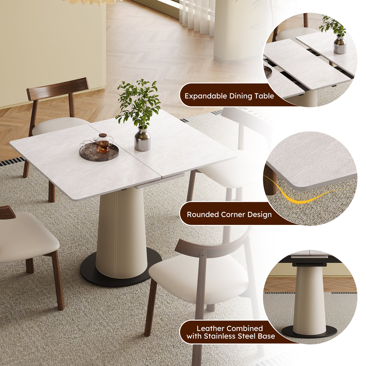 Retractable Rock Slab Dining Table Set  Modern 5-Piece Expandable Table With 4 Wooden Leg Chairs & Leather-Wrapped Base  Space Saving Kitchen Set For Small Apartments
