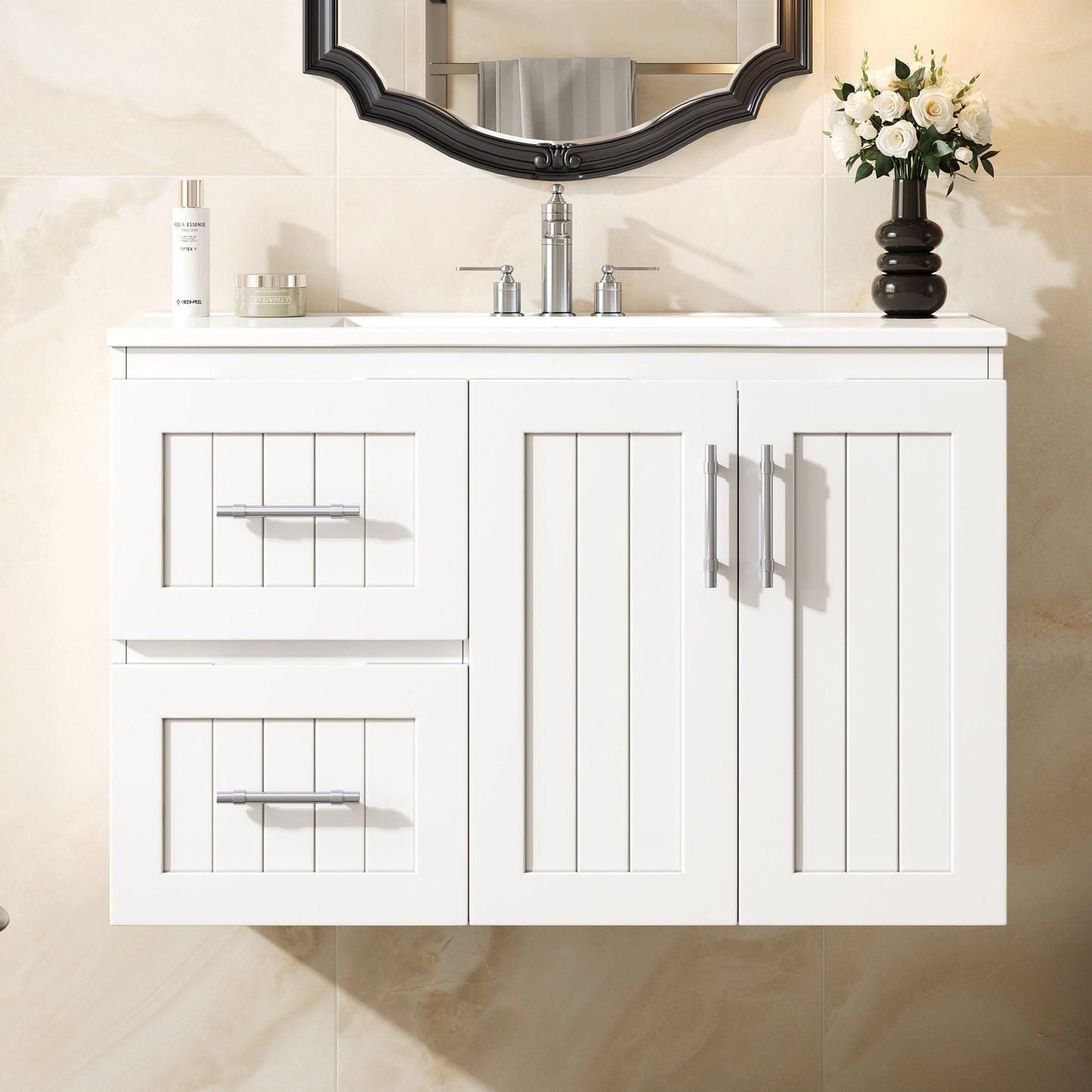 36'' Wall Mounted Bathroom Vanity, Floating Bathroom Storage Cabinet With 2 Drawers, 3 Holes Single Ceramic Sink, Modern Cabinet With Adjustable Shelf