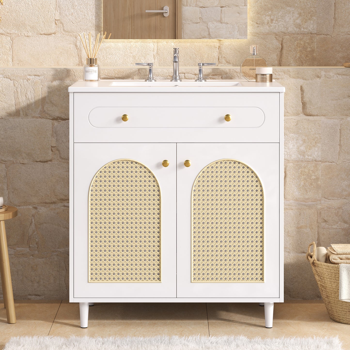 30 Bathroom Vanity With Ceramic Sink, Solid Wood Frame Bathroom Sink Cabinet With Adjustable Shelf, Tip-Drawer, Rattan Front Panels