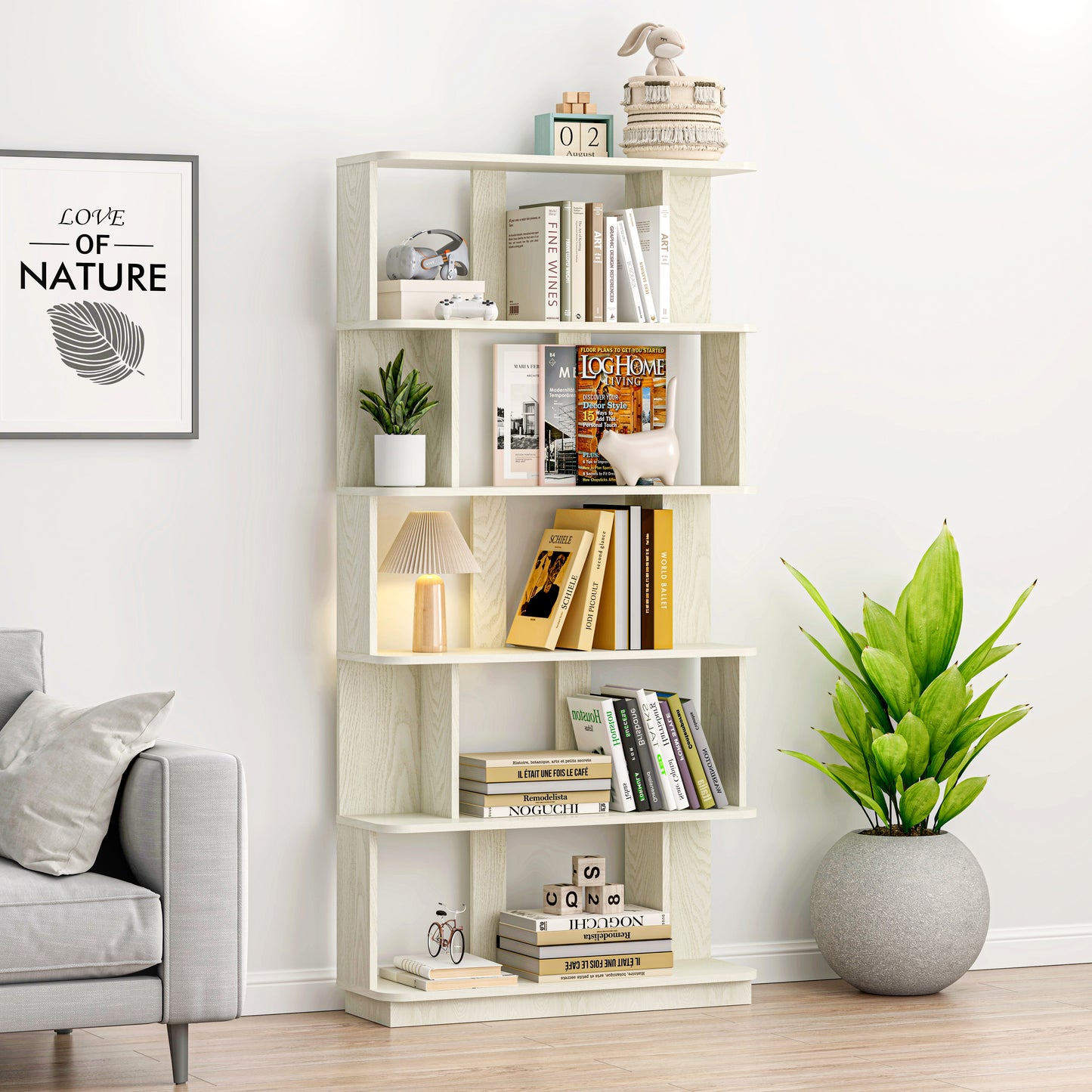 31.5L X 64.56 H Free Combination Bookshelf Modern 5-Tier Open Storage Bookcase MDF Wood Display Shelving For Living Room Home Office Bedroom Decor Organizer, Media Storage Shelves