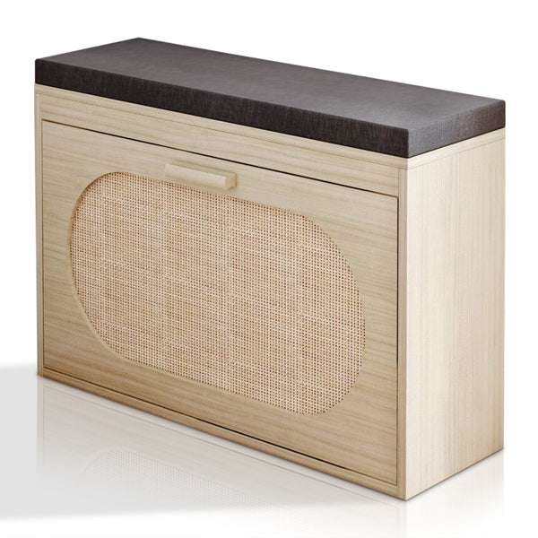 Rattan Shoe Rack, Hallway Shoe Bench, Shoe Cabinet With Flip-Drawer And Seat Cushion