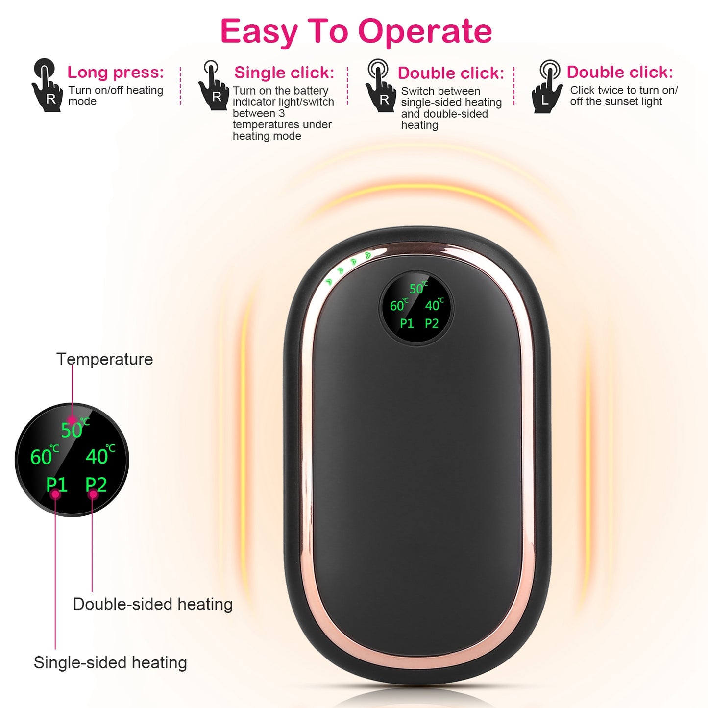 2 Colors Options -- 1Pc Rechargeable Hand Warmer Electric Hand Heater Portable Reusable Pocket Warmer Power Bank With Digital Display Sunset Light 3 Levels Double-sided Heating