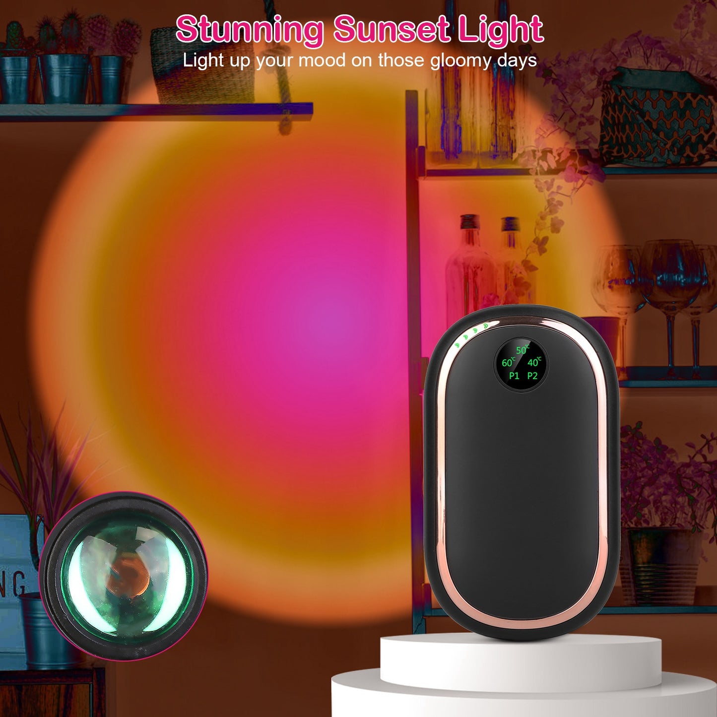 2 Colors Options -- 1Pc Rechargeable Hand Warmer Electric Hand Heater Portable Reusable Pocket Warmer Power Bank With Digital Display Sunset Light 3 Levels Double-sided Heating