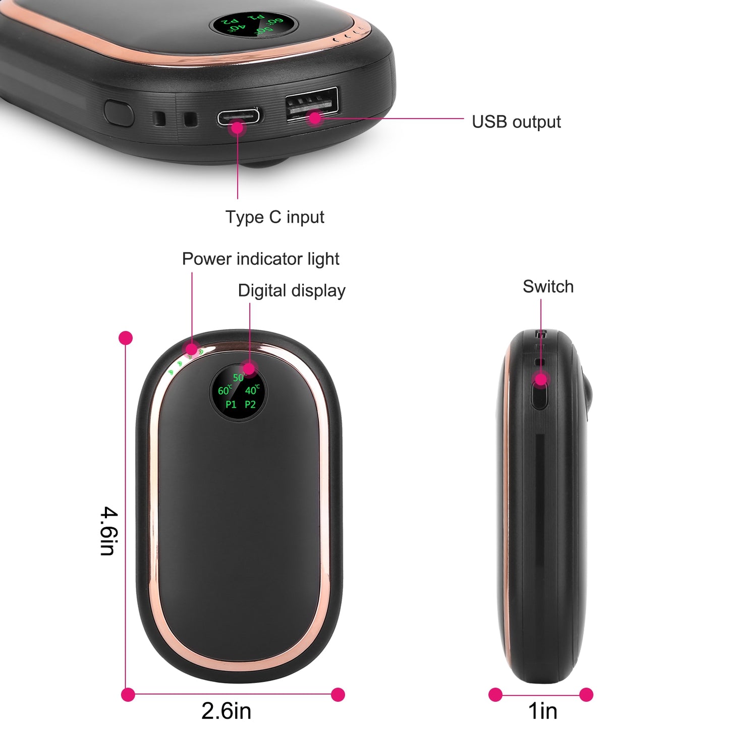 2 Colors Options -- 1Pc Rechargeable Hand Warmer Electric Hand Heater Portable Reusable Pocket Warmer Power Bank With Digital Display Sunset Light 3 Levels Double-sided Heating