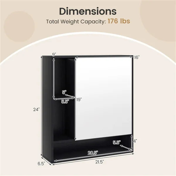 2 In 1 Mirrored Bathroom Wall Cabinet, Space-Saving Medicine Cabinet With Hidden Storage & Shelves - Black