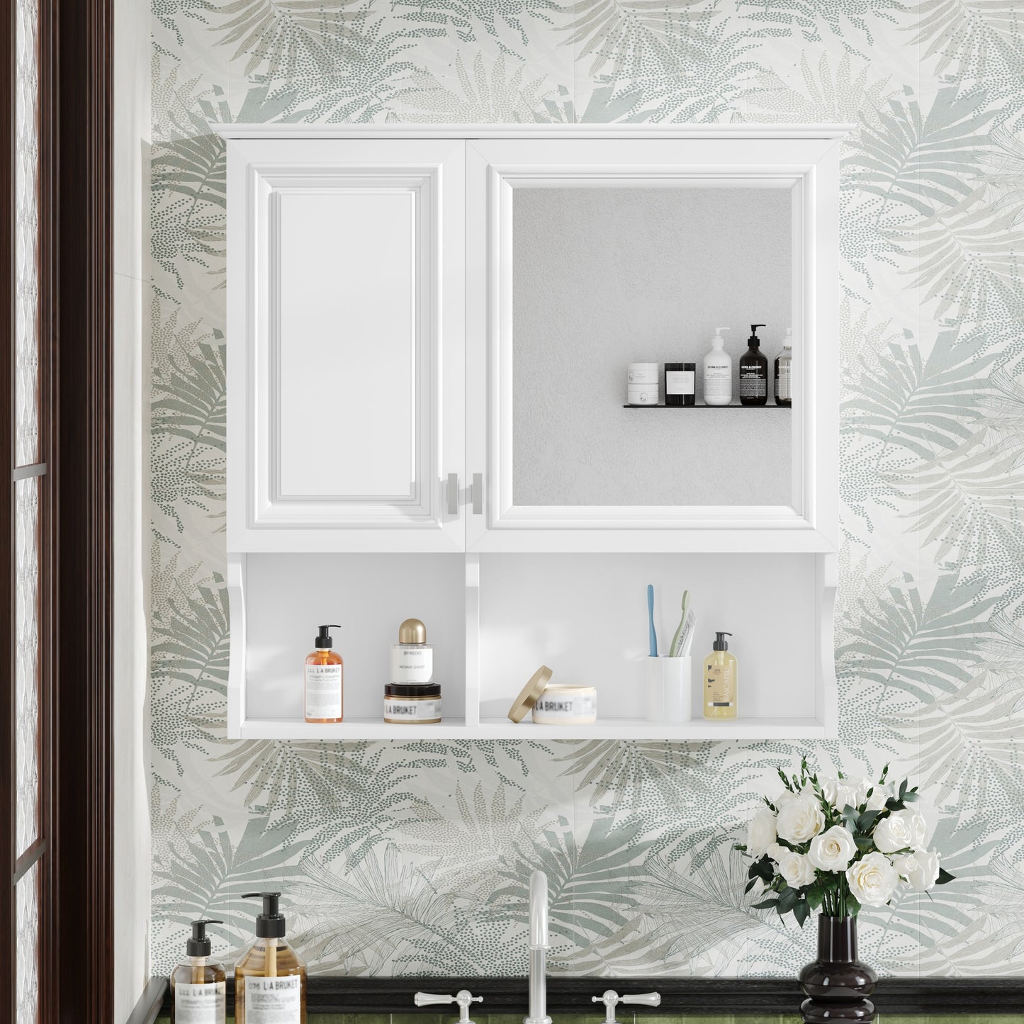 30 Inch Mirror Medicine Cabinet With Open Shelves, Wall Mounted Home Storage With Doors & Mirror, Adjustable Shelf, Bathroom Storage Cabinet Over Toilet