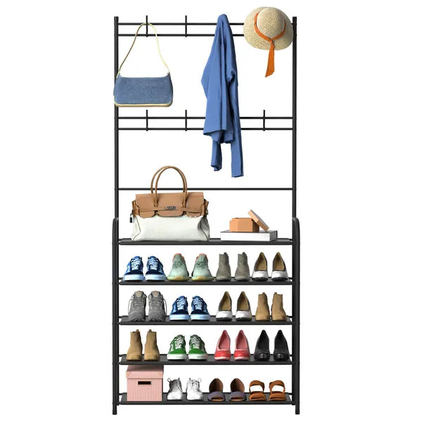 Entryway Coat Hat Rack Garment Shoe Storage Shelf Freestanding Hall Tree Clothing Hanger Stand Clothes Shoe Organizer Combo