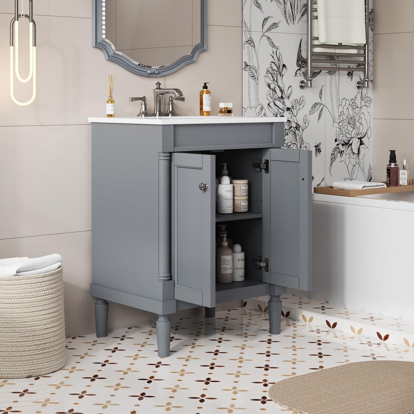 24'' Bathroom Vanity With Top Sink, 2-Tier Modern Bathroom Storage Cabinet, Single Sink Bathroom Vanity, Large Storage Shelves