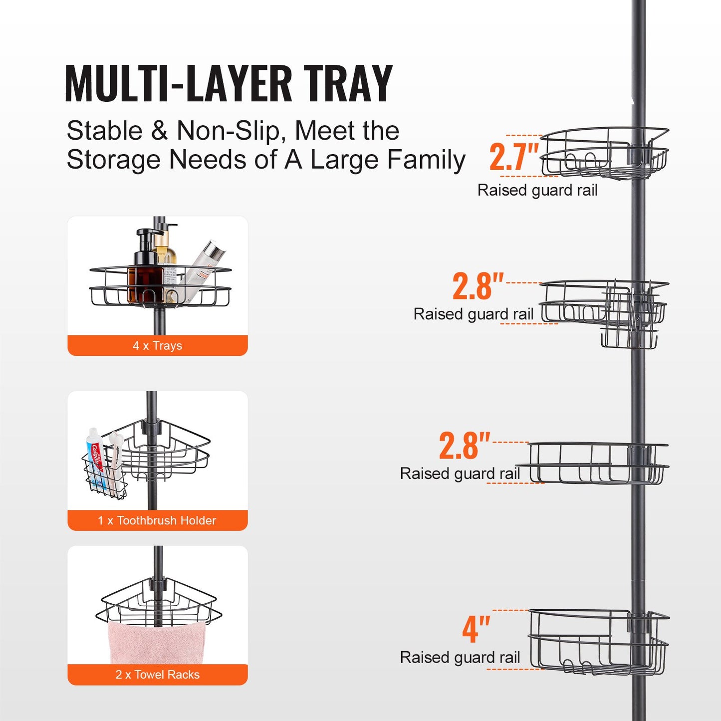 Shower Corner Caddy Tension Pole, 56" To 114" High, Multi-Functional Shower Tension Pole With Strong Load-Bearing Tray, Rust-Proof Easy-to-Install Tension Pole, Fit For Bathroom & Washroom