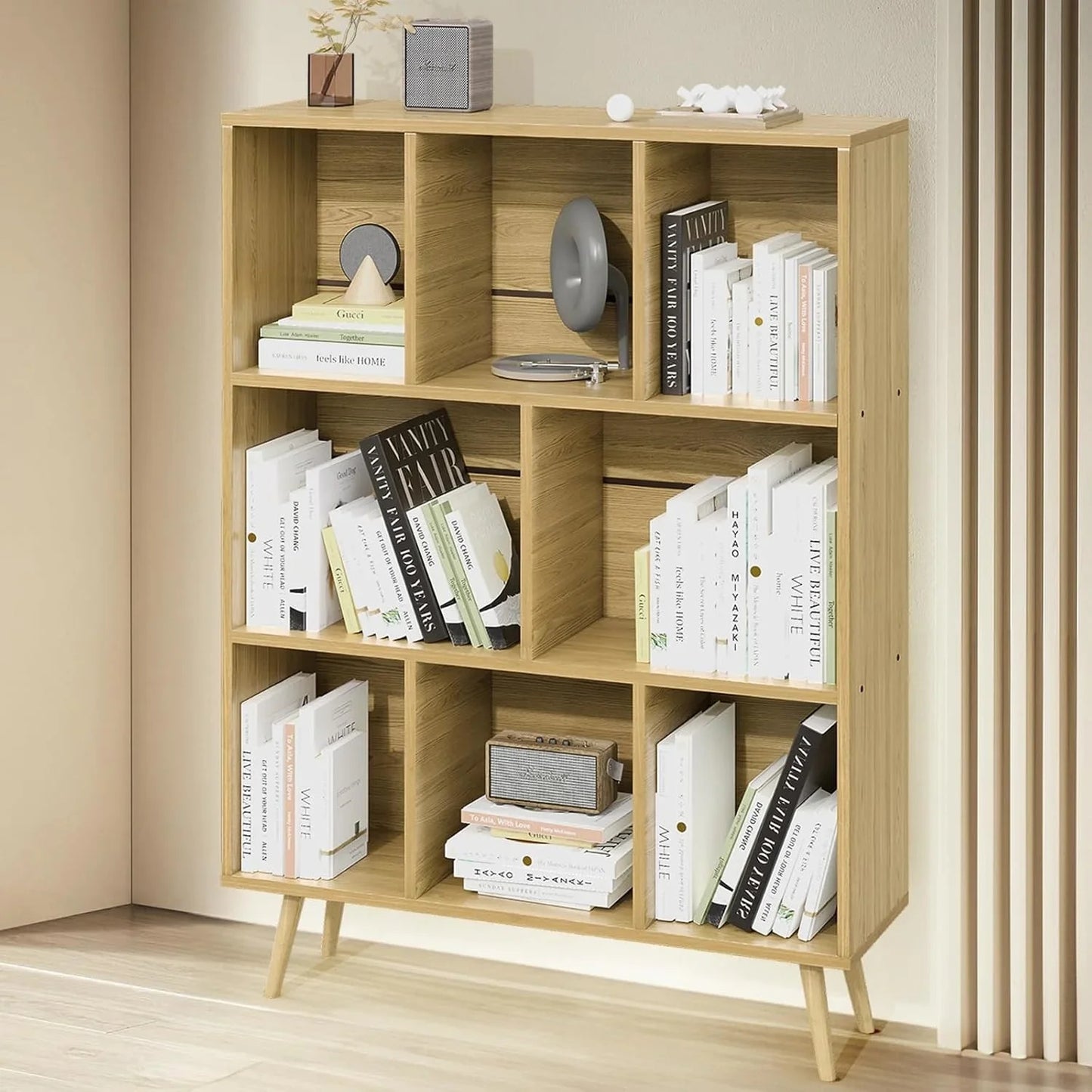Wooden Cubic Bookshelf, Three-layer Open Cabinet With Legs, Made Of Natural Wood