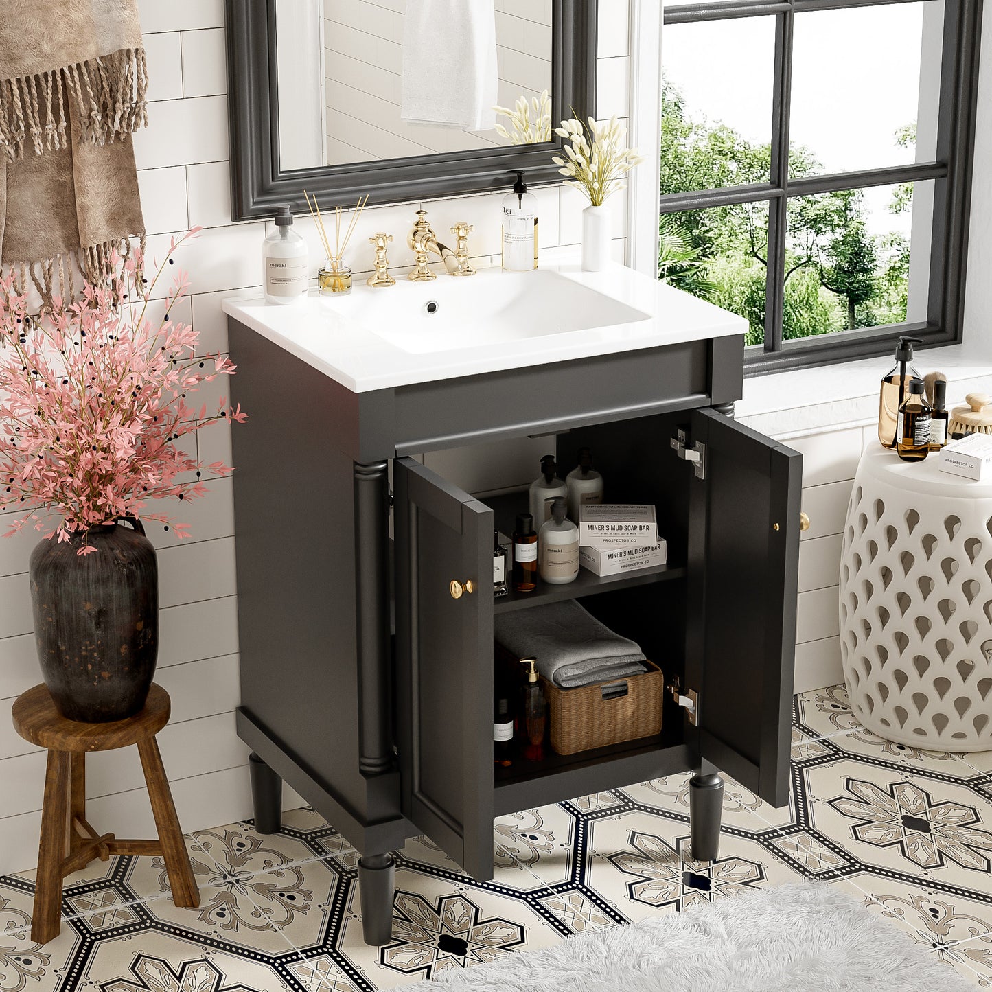 24'' Bathroom Vanity With Top Sink, 2-Tier Modern Bathroom Storage Cabinet, Single Sink Bathroom Vanity, Large Storage Shelves