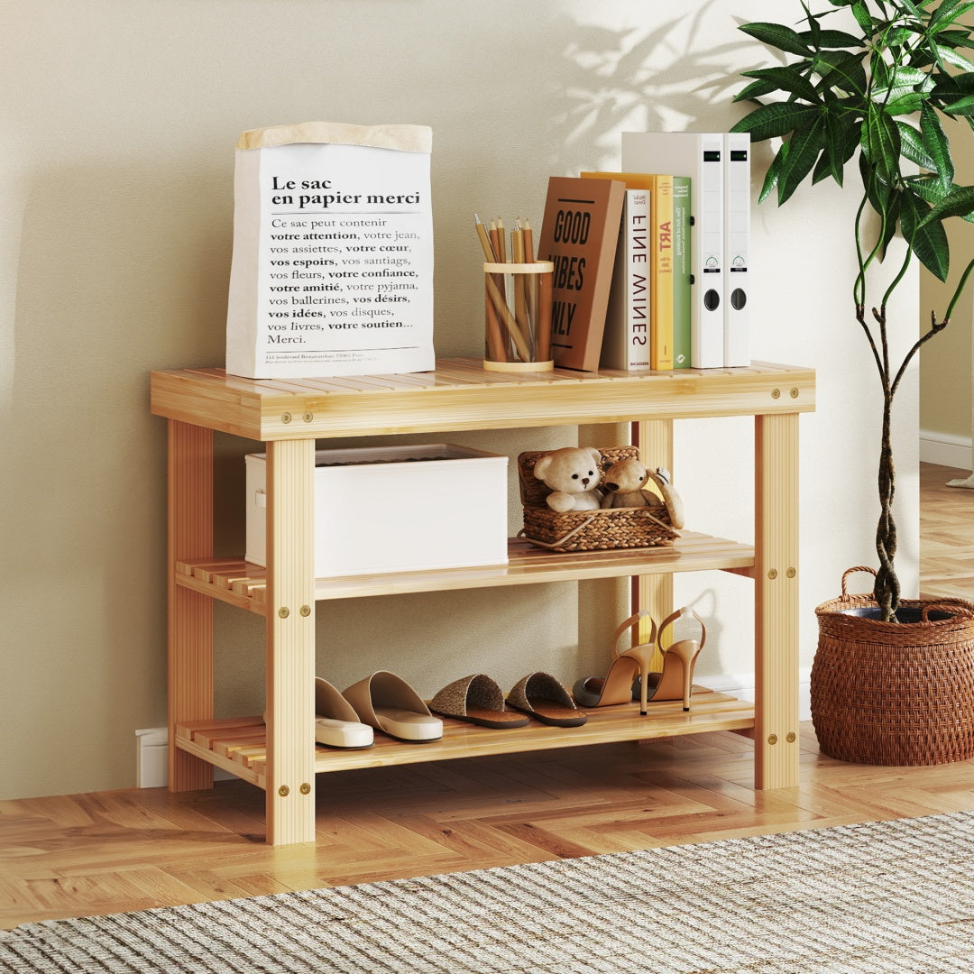 Three-tier Shoe Rack Bench, Bamboo Entrance Storage Organizer, Front Door Entrance Shoe Rack
