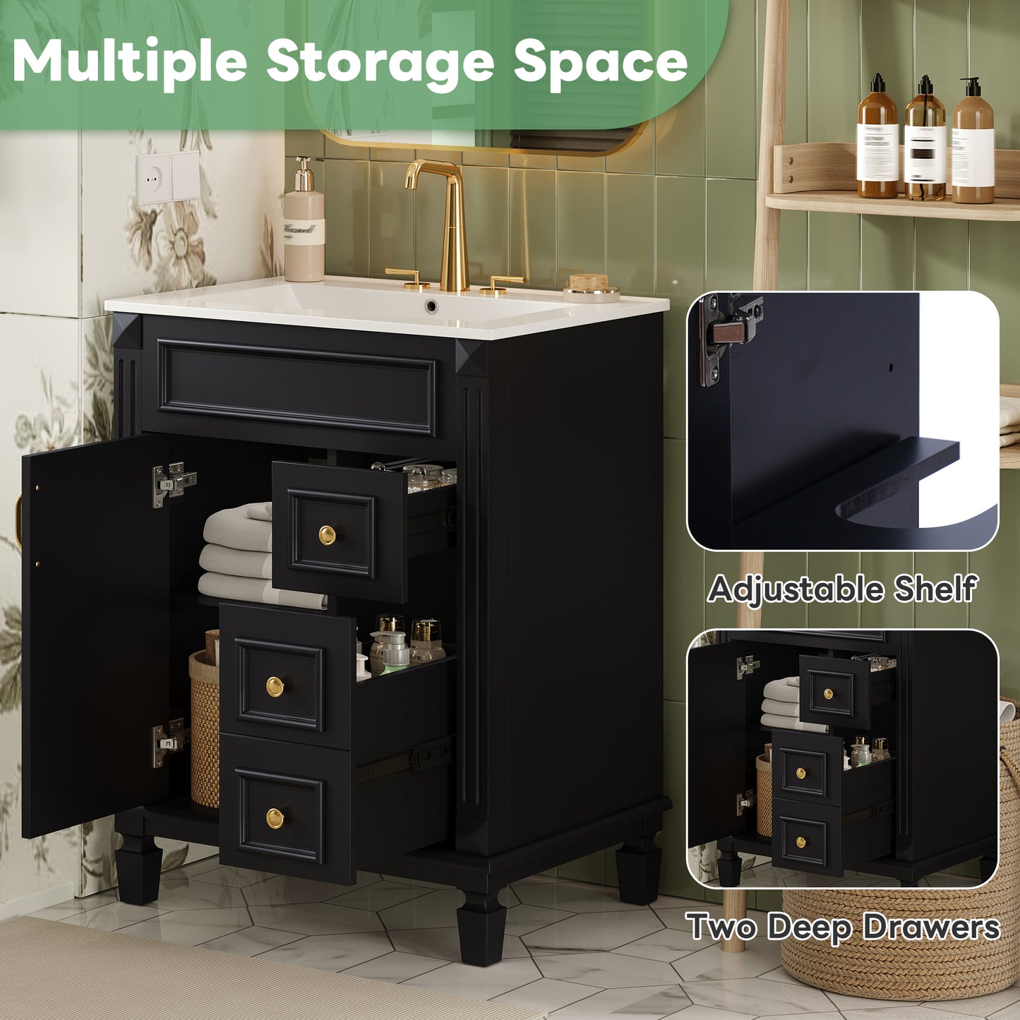 24 Bathroom Vanity With Ceramic Sink, Small Bathroom Sink Cabinet, Modern Cabinet With 2 Drawers And Adjustable Shelf