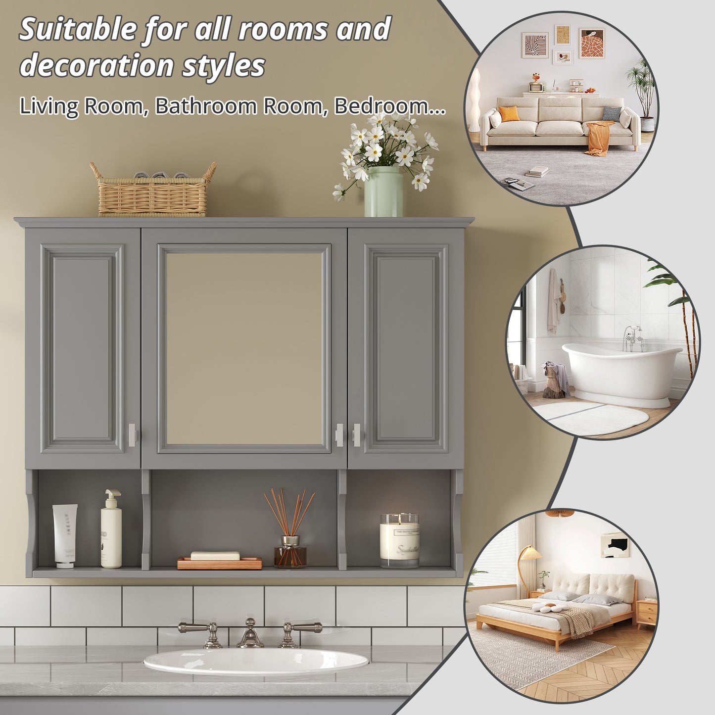 35'' X 28'' Wall Mounted Bathroom Medicine Cabinet, Modern Bathroom Wall Cabinet With Mirror,  Mirror Cabinet With Open Shelves