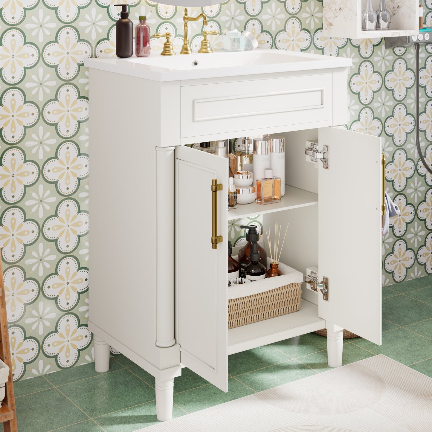 24 Bathroom Vanity With Integrated Ceramic Sink, Bathroom Cabinet With 2 Doors, Single Sink Bathroom Vanity For Small And Medium Restroom