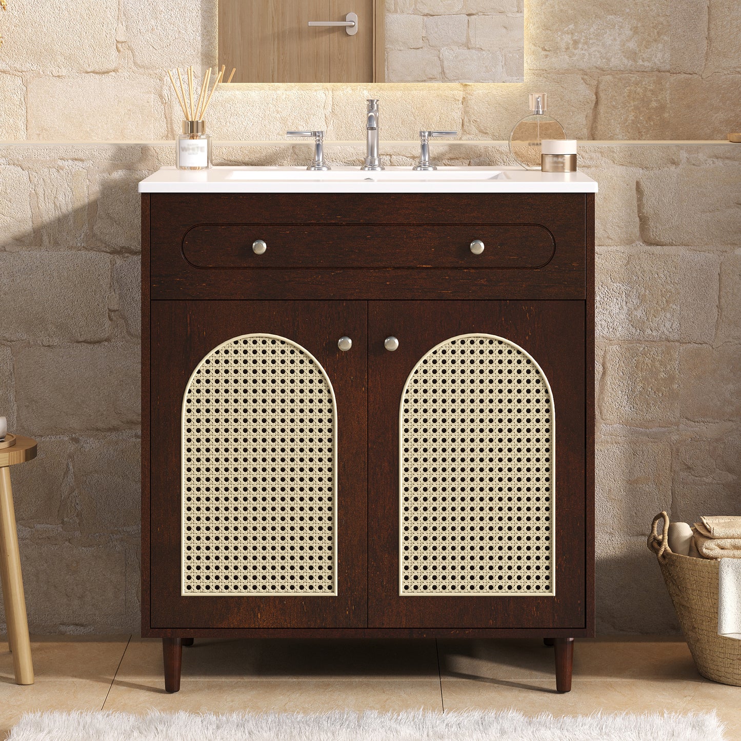 30 Bathroom Vanity With Ceramic Sink, Solid Wood Frame Bathroom Sink Cabinet With Adjustable Shelf, Tip-Drawer, Rattan Front Panels