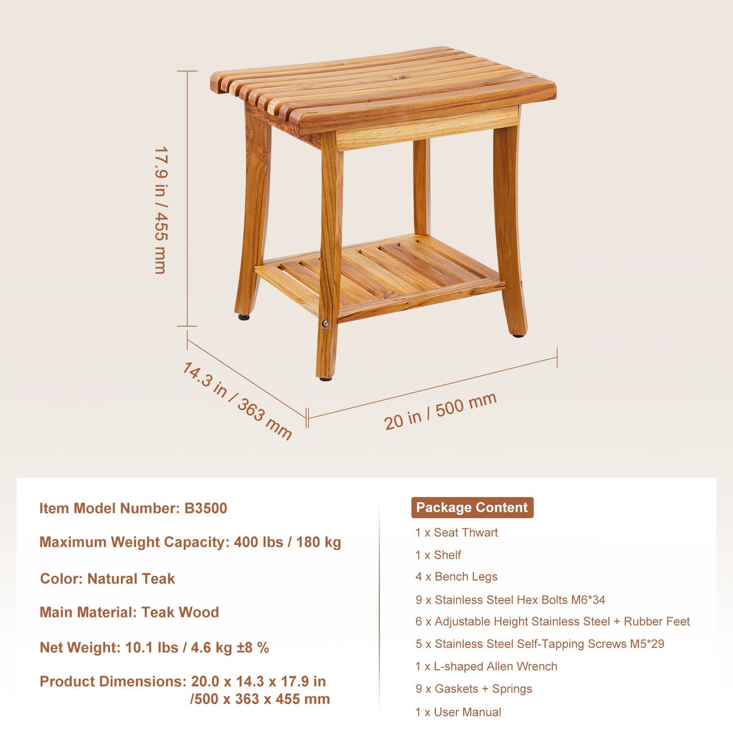 Teak Shower Bench 20 X 14.3 X 17.9 In Wood Shower Stool Chair For Bathroom