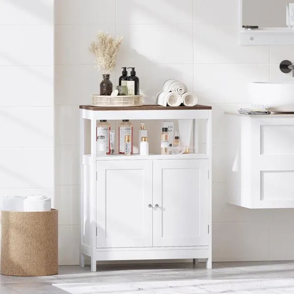 Modern Storage Cabinet With Double Doors, Free-Standing Bathroom Cabinet With Adjustable Shelf And Natural Wood Top, Multi-Purpose Organizer For Kitchen, Living Room, Bathroom Or Entryway - White