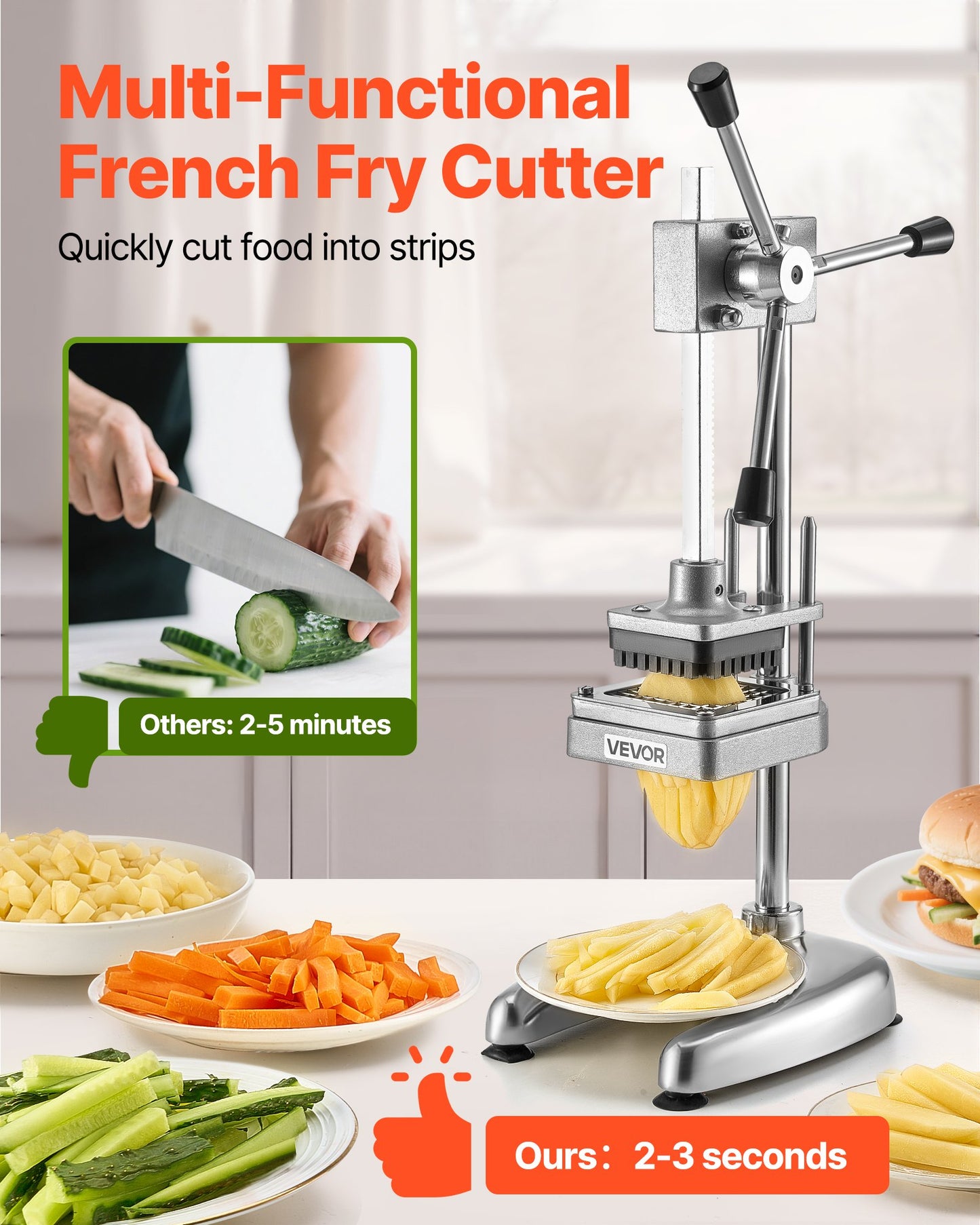Commercial French Fry Cutter Stainless Steel Vegetable Chopper W/ 3 Blades