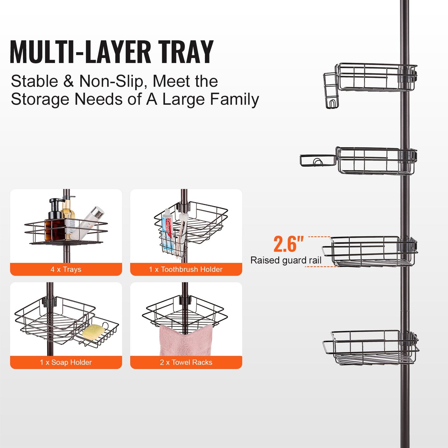 Shower Corner Caddy Tension Pole, 42" To 114" High, Multi-Functional Shower Tension Pole With Strong Load-Bearing Tray, Rust-Proof Easy-to-Install Tension Pole, Fit For Bathroom & Washroom