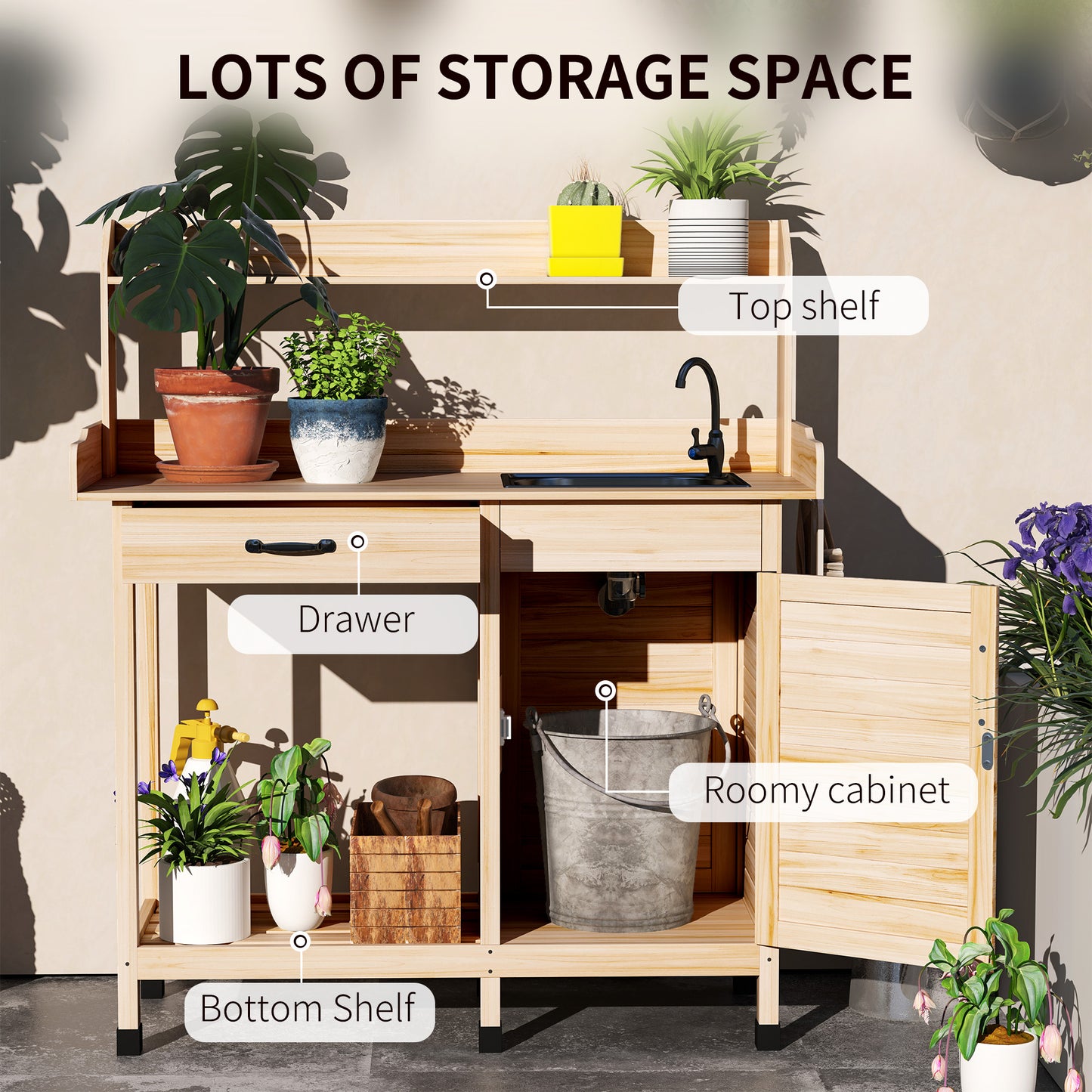 Potting Bench Table with Sink, Outdoor Work Bench Table with Storage Cabinet, Hooks, Removable Sink, Faucet and Drawer for Greenhouse, Garden, Patio, Natural Wood