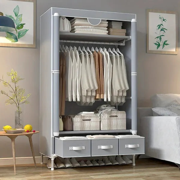 Rolling Door Wardrobe With 3 Drawers, Space Saving Closet Organizer Cabinet, Portable Fabric Storage  Rack & Tool-Free Setup, 67 Inches Height, Gray