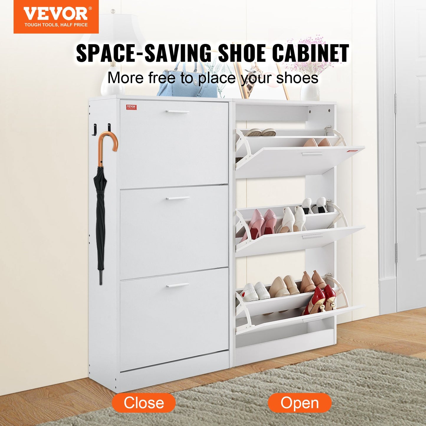 VEVOR Shoe Cabinet With 3 Flip Drawers, Shoe Storage Cabinet For Entryway, Free Standing Shoe Storage Organizer With Side Hooks For Heels, Boots, Slippers In Hallway, Living Room