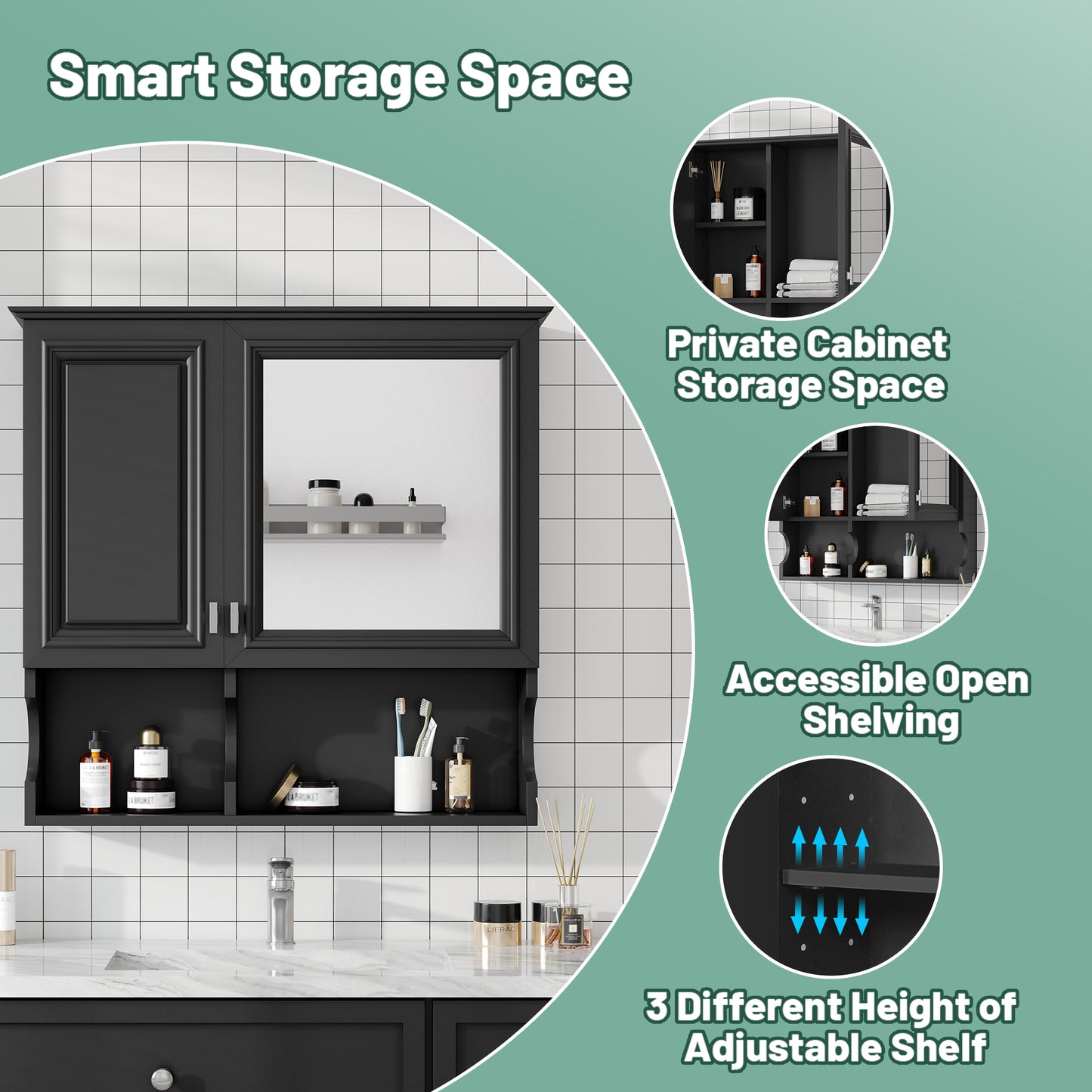 30 Inch Mirror Medicine Cabinet With Open Shelves, Wall Mounted Home Storage With Doors & Mirror, Adjustable Shelf, Bathroom Storage Cabinet Over Toilet