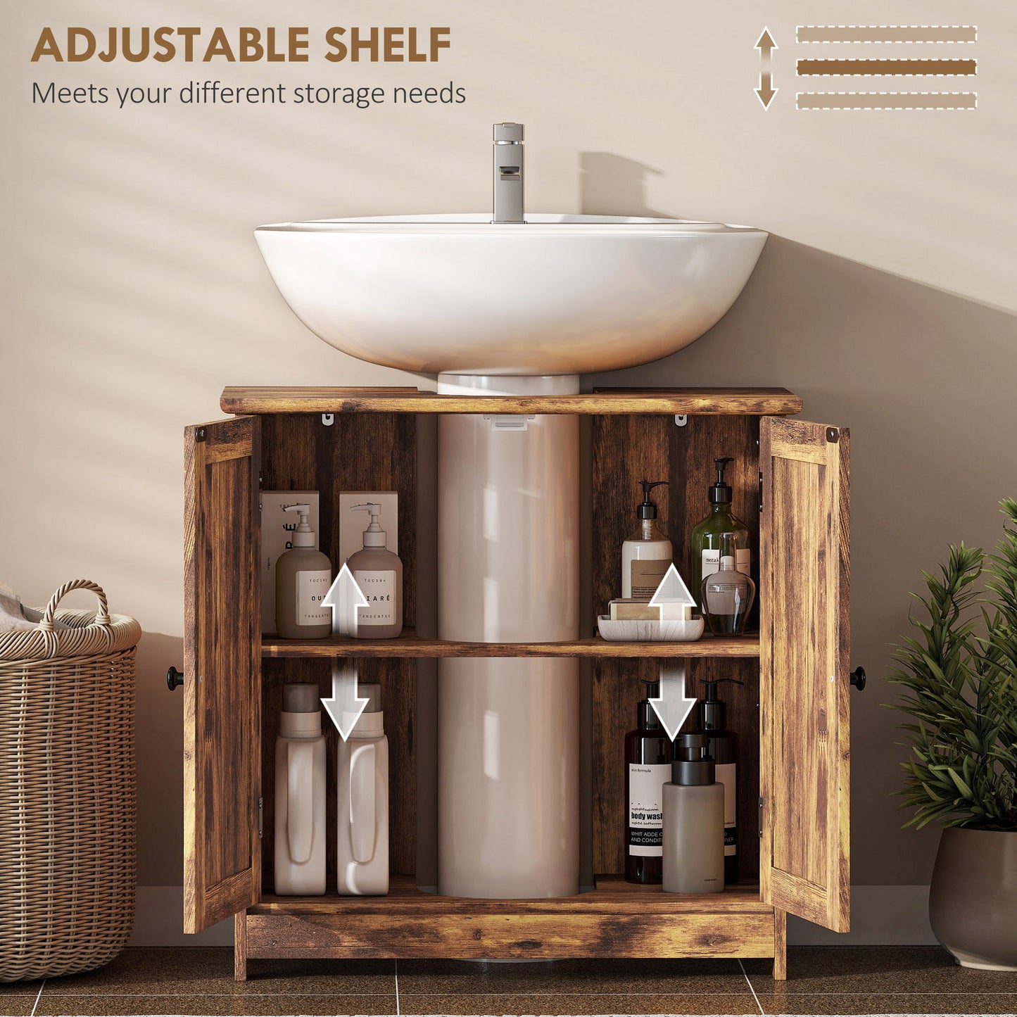 Bathroom Vanity Cabinet, Under Sink Bathroom Cabinet With 2 Doors And Adjustable Shelf, Rustic Brown