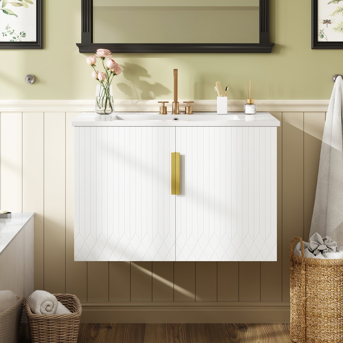 30 Vintage Bathroom Vanity With Ceramic Sink, With 3 Holes Single Ceramic Sink, Bathroom Storage Vanity Cabinet With 2 Soft Closing Doors