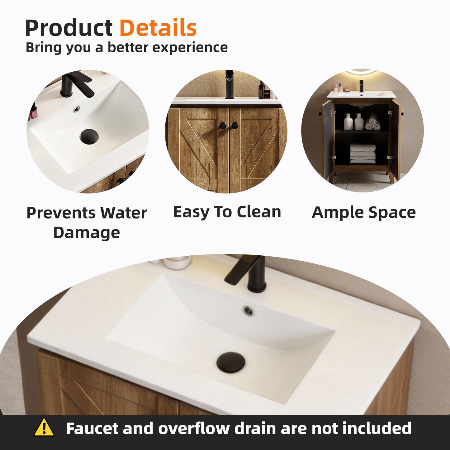 30inch Golden Oak Folding Floor Cabinet With Ceramic Sink- Patented 1-Minute Install  Space-Saving & Easy Assemble American Style