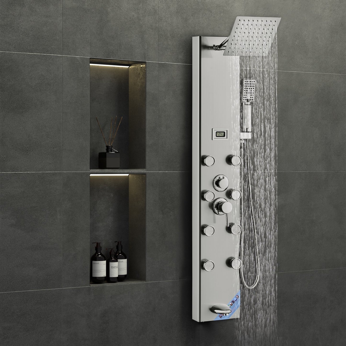 Shower Panel System, 5 Shower Modes, Digital Display Shower Panel Tower, Rainfall, 8 Massage Jets, Tub Spout, 3-Setting Handheld Shower Head 59 Hose, Stainless Steel Wall-Mounted Shower Set