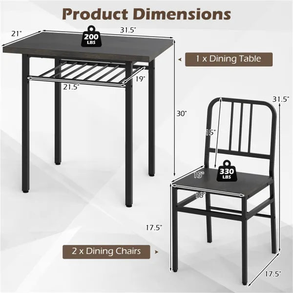 3-Piece Dining Table Set (Gray + Black), Space-Saving Tuck-under Chair Design