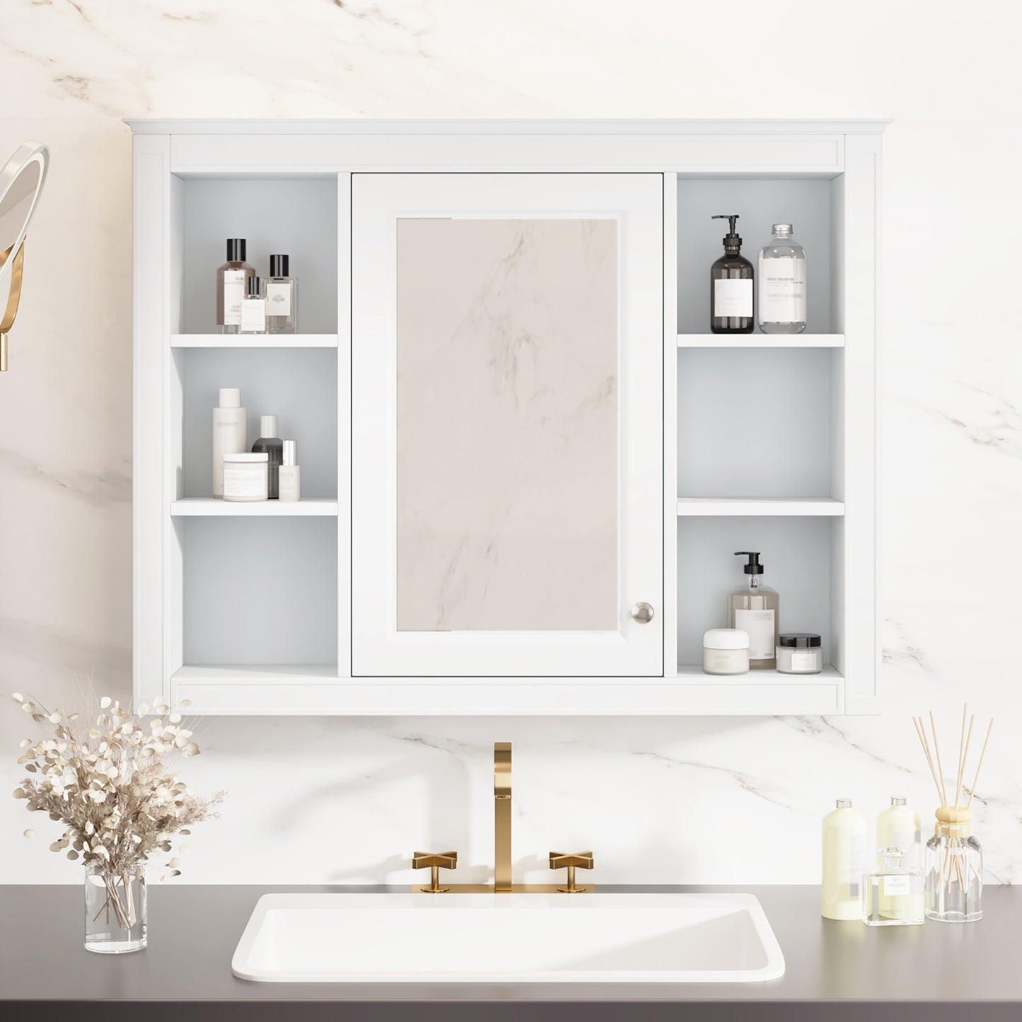 35 X 27.5 Medicine Cabinet, Wall Mounted Bathroom Storage Cabinet, Modern Bathroom Wall Cabinet With Mirror, Mirror Cabinet With 6 Open Shelves  Not Include Bathroom Vanity