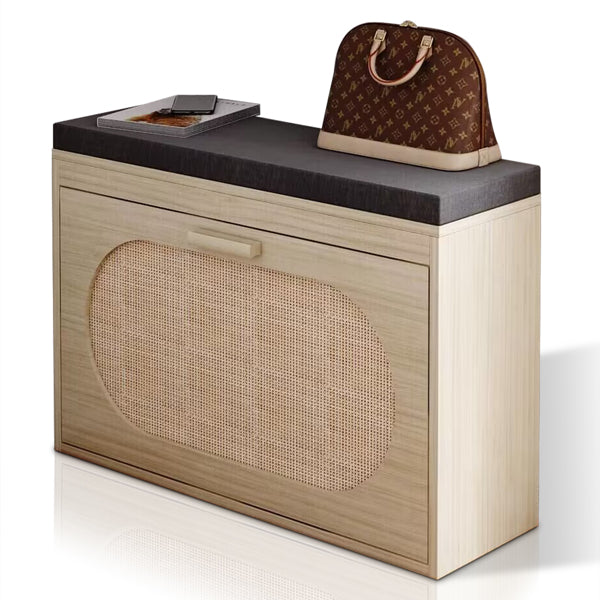 Rattan Shoe Rack, Hallway Shoe Bench, Shoe Cabinet With Flip-Drawer And Seat Cushion