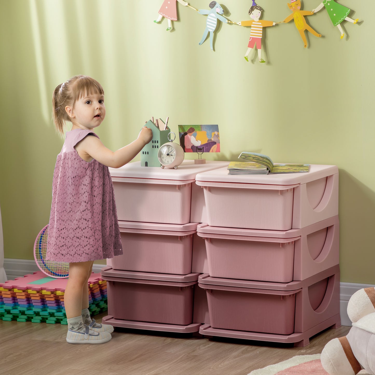 3 Tier Kids Storage Unit, Toy Organizers And Storage With 6 Drawer Chest For Kids Bedroom Nursery Kindergarten Living Room For Boys Girls Toddlers, Pink