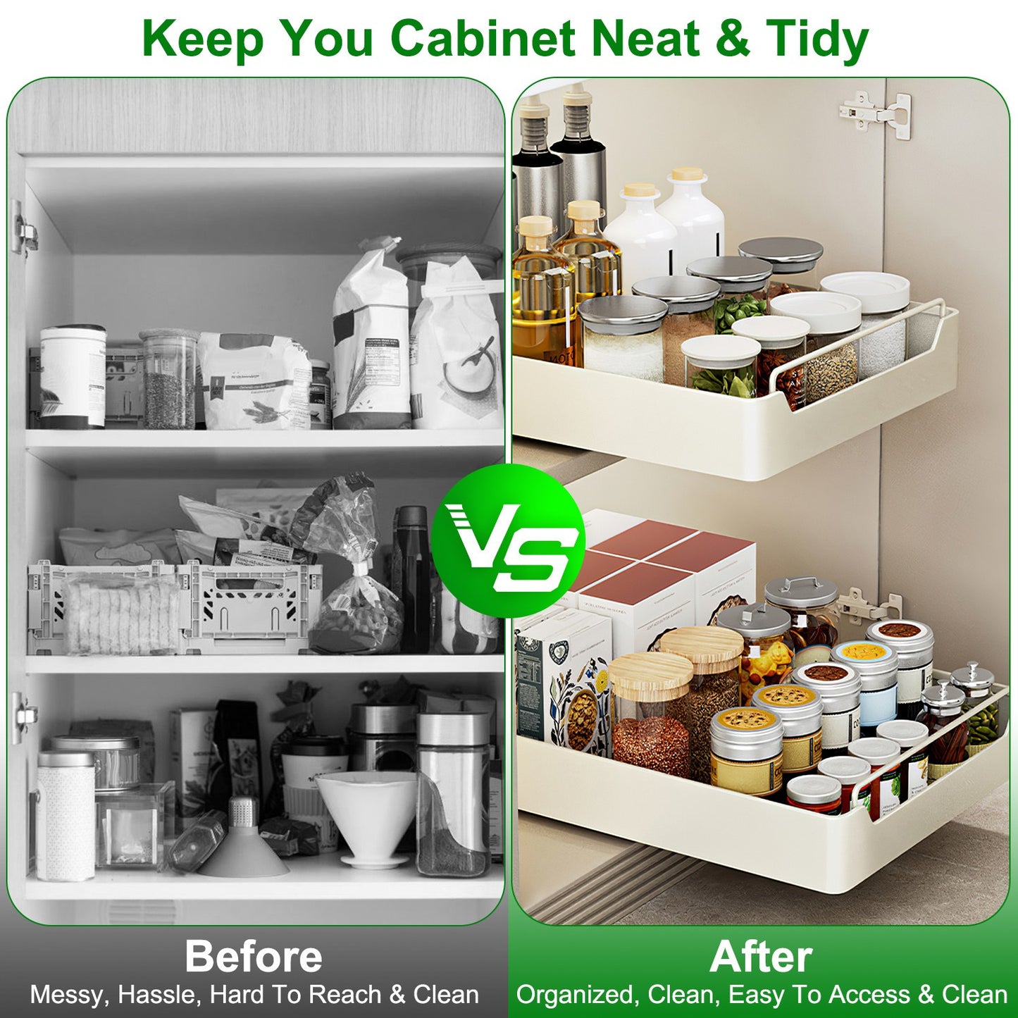 2Pcs Pull Out Cabinet Organizers Sliding Shelf Spice Rack Carbon Steel Roll Out Drawers Fixed With Adhesive Nano Film With Handle 55LBS Max Load