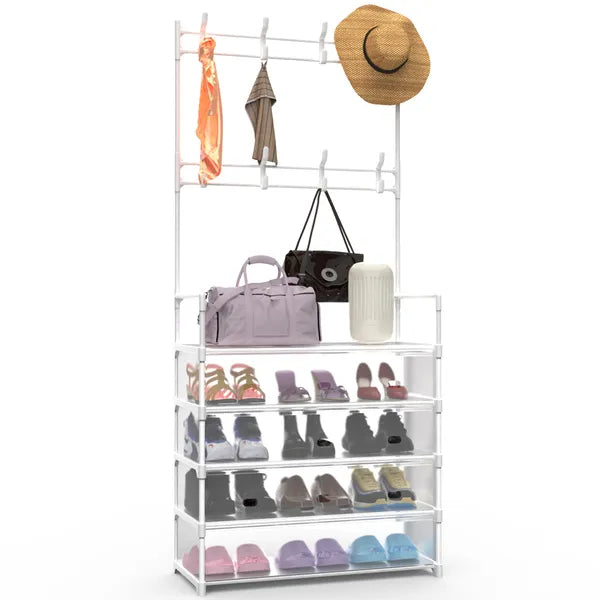 5-Tier Coat Rack Dustproof Entryway Hall Tree Clothing Shelf Shoe Rack With 8 Removable Hooks Freestanding Hat Clothes Organizer For Front Door Bedroom Entryway