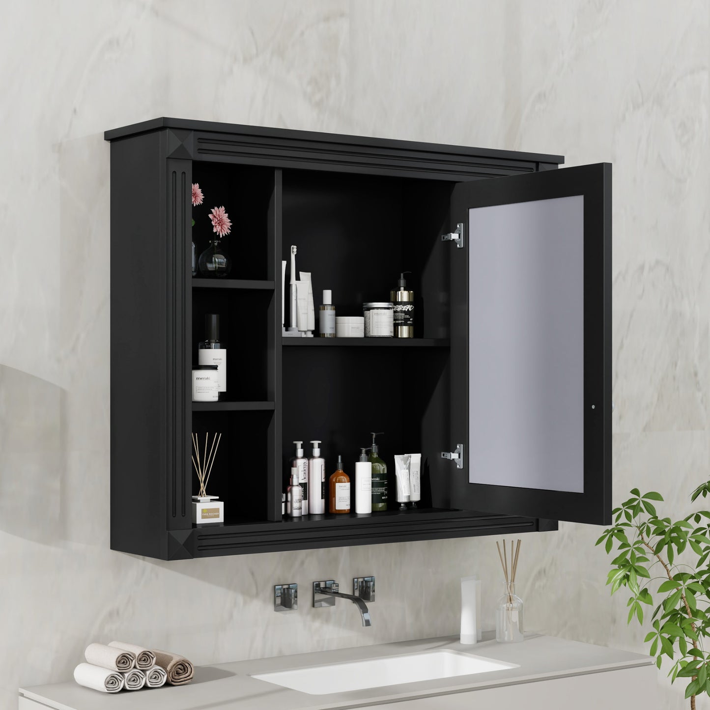 35 X 28 Wall Mounted Bathroom Storage Cabinet, Medicine Cabinet, Modern Bathroom Wall Cabinet With Mirror, Mirror Cabinet With 6 Open Shelves Not Include Bathroom Vanity