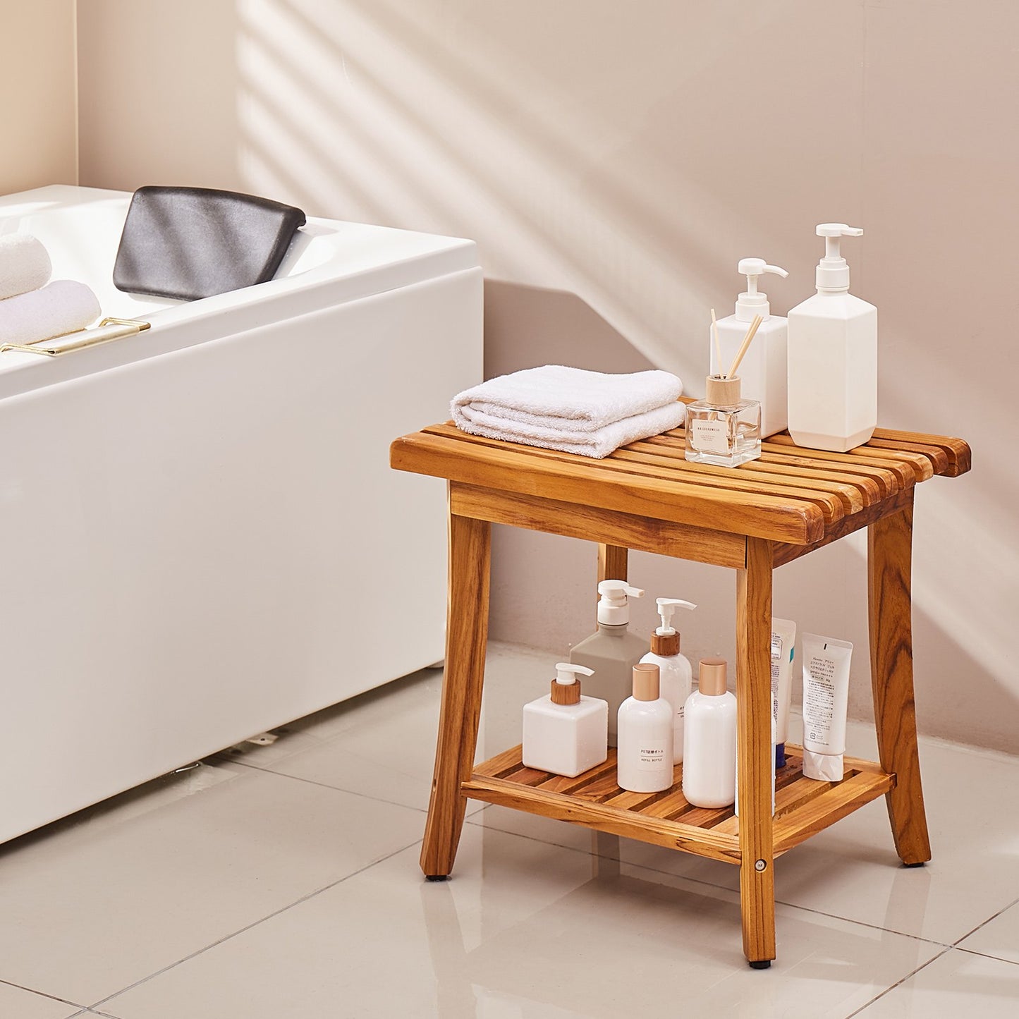 Teak Shower Bench 20 X 14.3 X 17.9 In Wood Shower Stool Chair For Bathroom