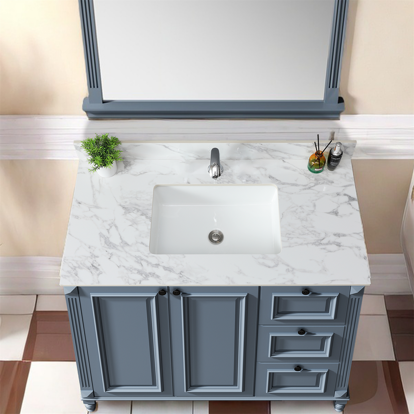 43x22Bathroom Vanity Top,sintered Stone Carra White Barthroom Vanity Sink Tops With Rectangular Undermount Ceramic Sink With Vanity Backsplash, Singe Faucet Hole Bathroom Vanity Countertop