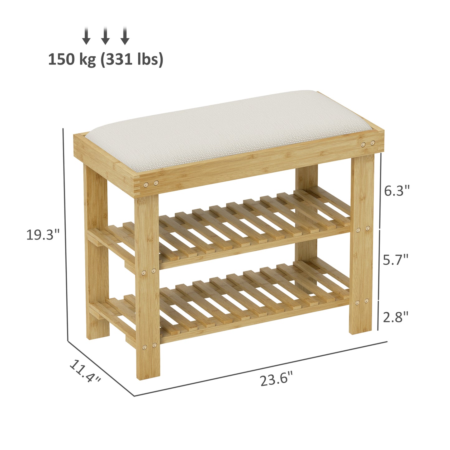Bamboo Shoe Storage Bench, 3-Tier Entryway Bench with Cushion, Shoe Organizer for Entryway, Hallway, Cream White