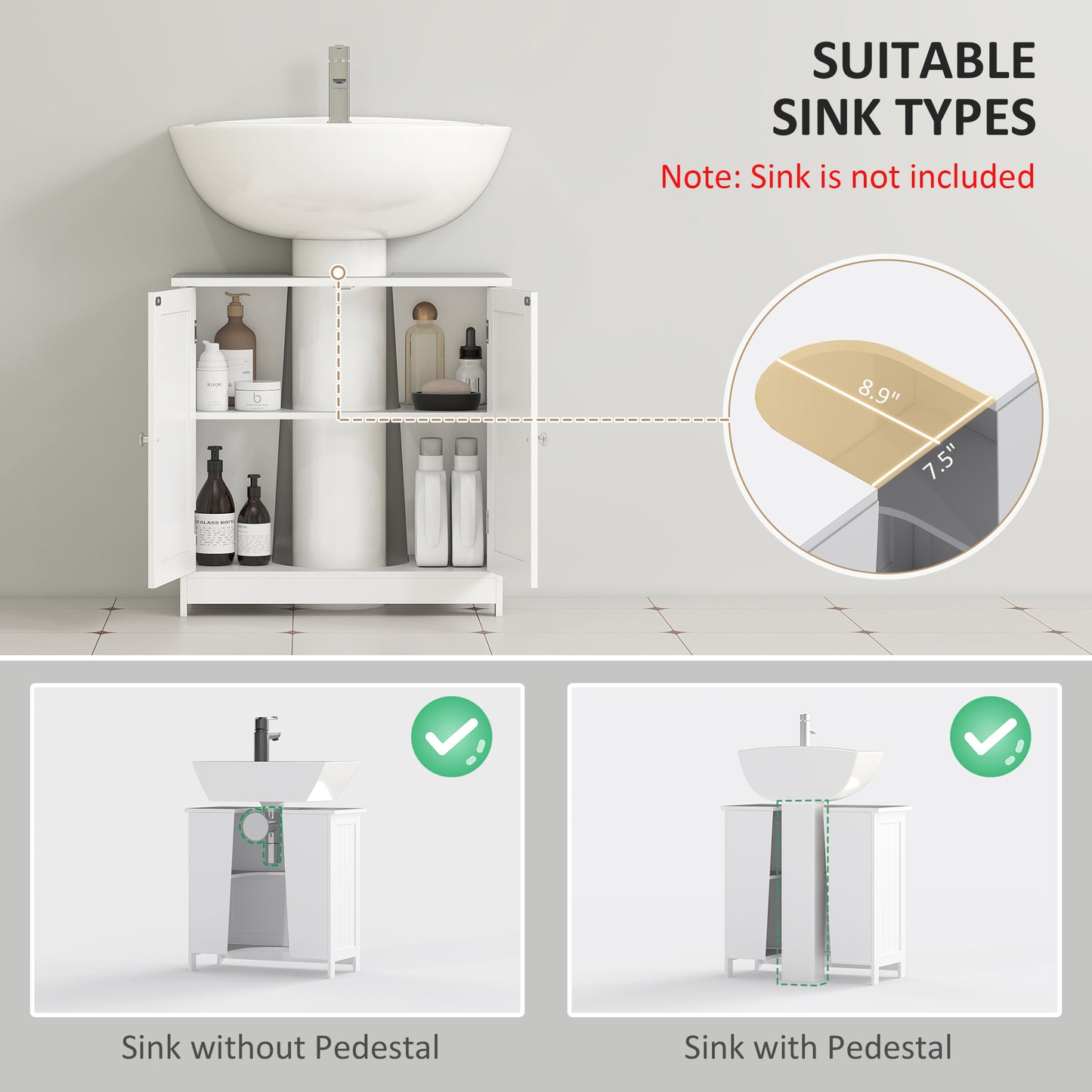 Under Sink Bathroom Cabinet, Pedestal Sink Storage Cabinet With 2 Doors, Shelf And U-Shape, White