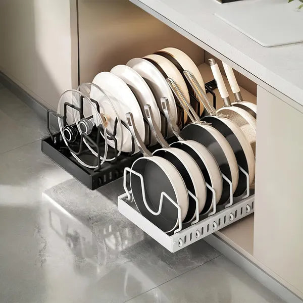 Under Cabinet Pots & Pans Organizer – Adjustable Sliding Kitchen Storage Rack