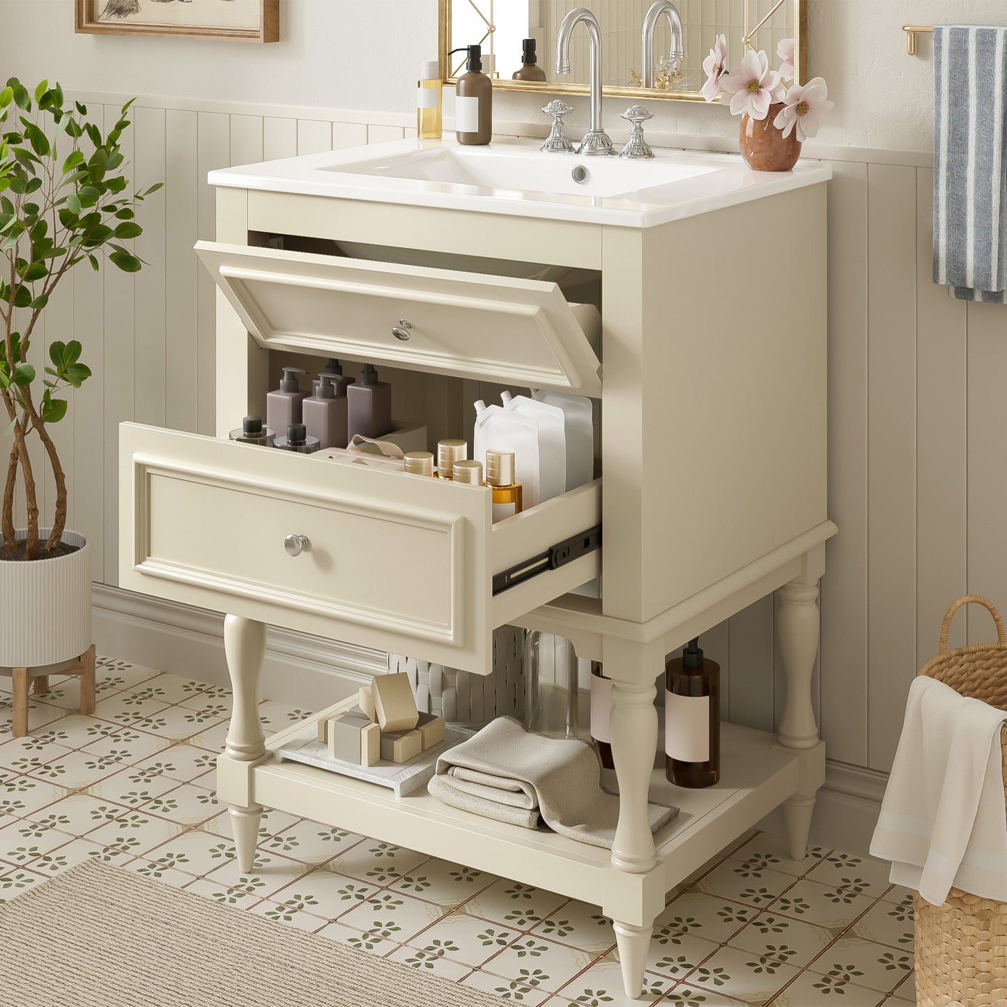 24'' Bathroom Vanity With Ceramic Sink, Bathroom Storage Cabinet With Open Shelf , Retro Design Bathroom Cabinet With 2 Drawers