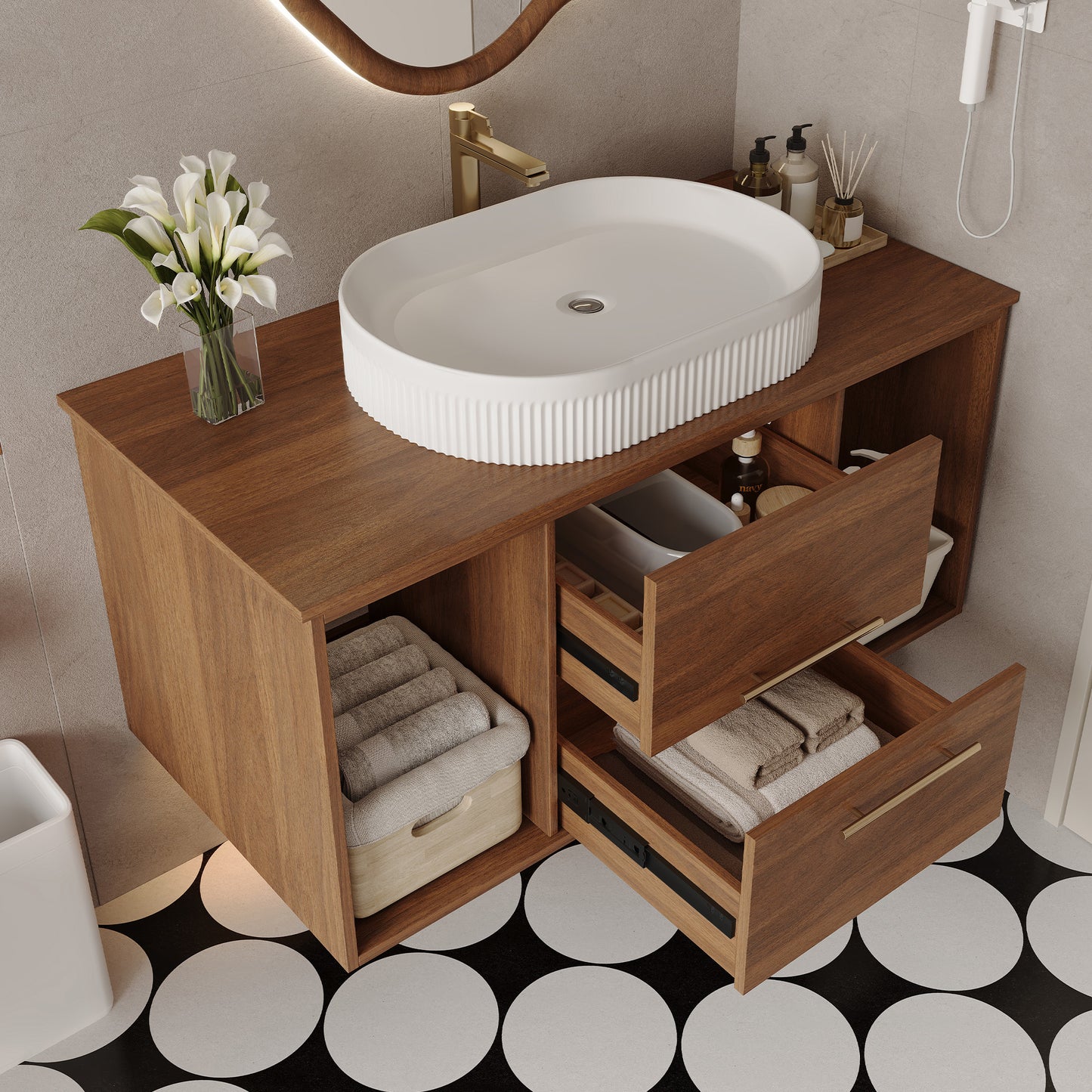Modern 39.4 Wall-Mounted Bathroom Vanity With Oval Ceramic Sink Floating Vanity Multi-Layer Solid Wood Cabinet Soft-Close Drawers Open Shelf Storage