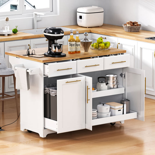 K&K 59.3  Kitchen Island With Storage 2 Pull Out Cabinet Organizers & Rubber Wood Drop Leaf, Rolling Kitchen Island With Trash Can Storage, Power Outlet, Spice & Towel Rack For Kitchen, Dining, White