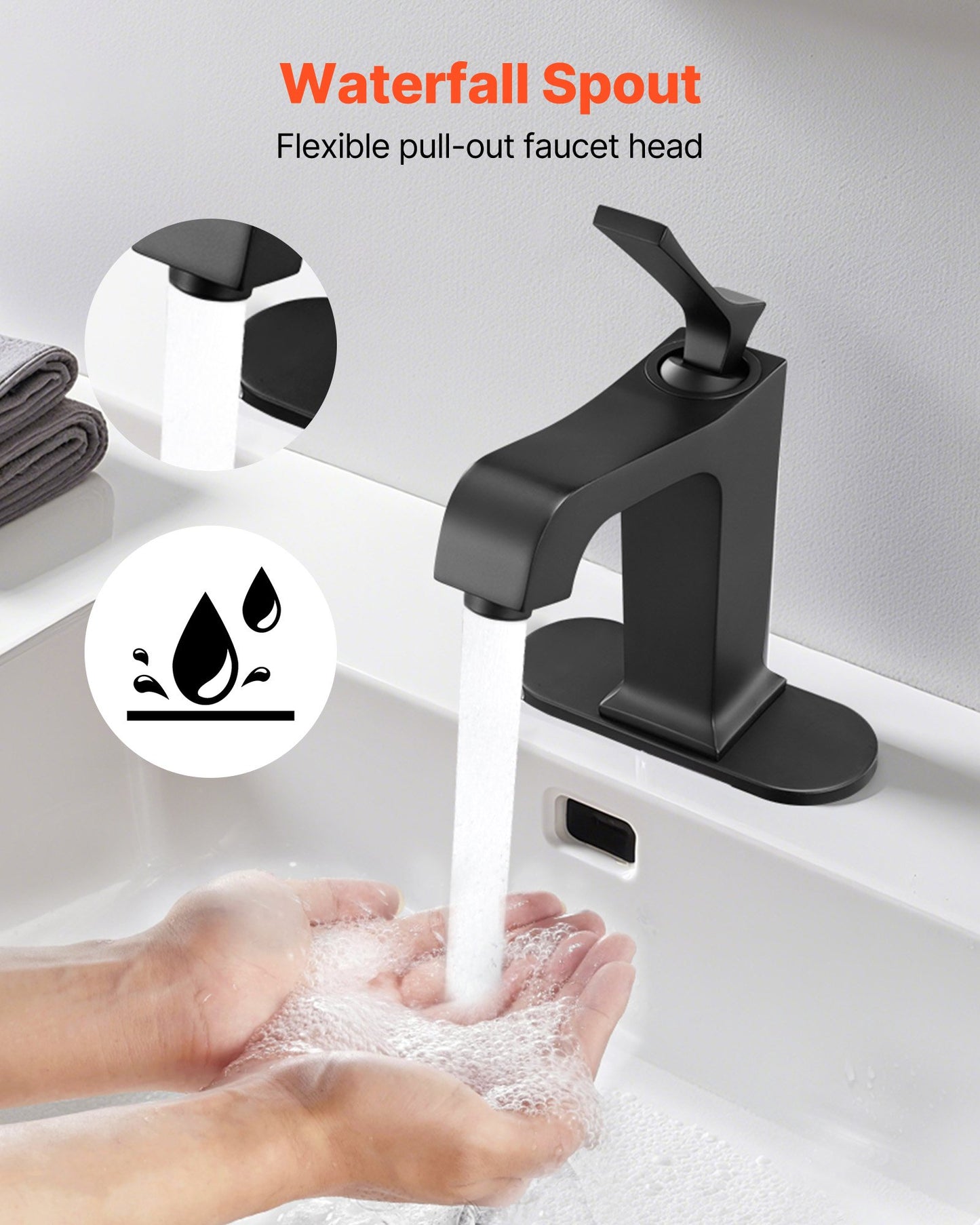 Single Handle Sink Faucet, Matte Black Finish Faucet Kitchen Sink, Kitchen Water Faucets With Push-Button Drain, Suitable For Bathroom, RV, Bar Sink, Public Restroom, Waterfall-Style Spout