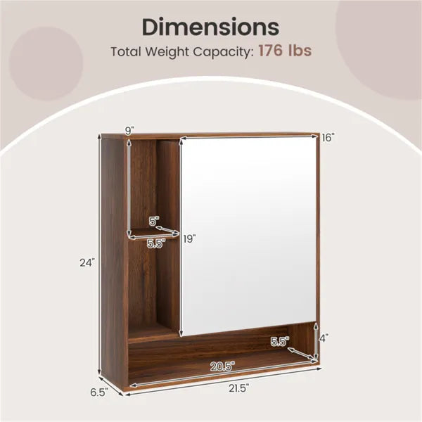 2 In 1 Mirrored Bathroom Wall Cabinet, Space-Saving Medicine Cabinet With Hidden Storage & Shelves - Walnut